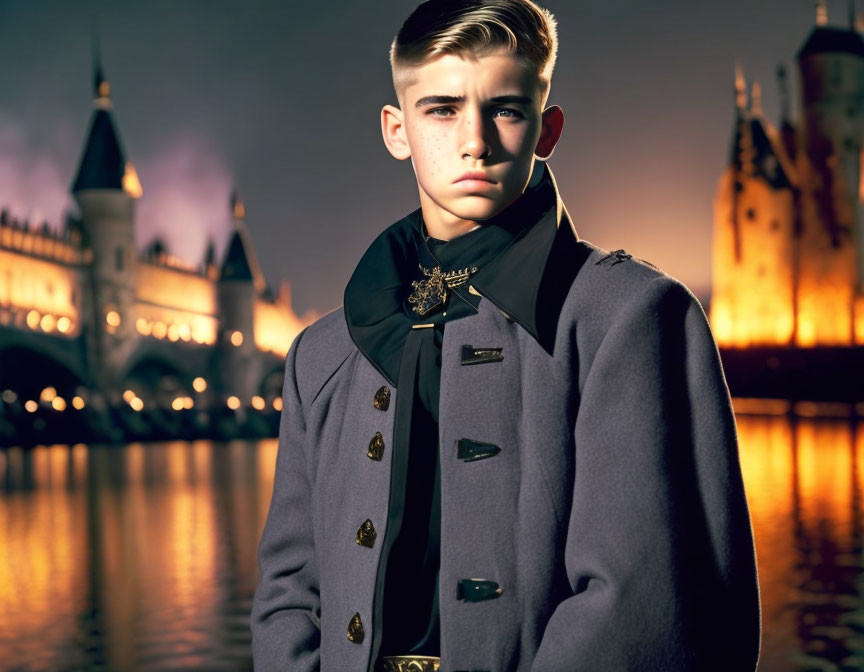 Styled young man in military jacket poses in front of castle at dusk