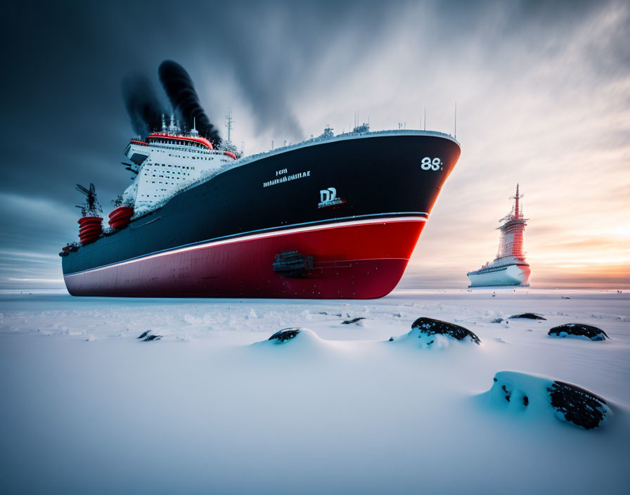 Stranded ship emits black smoke in snowy twilight landscape