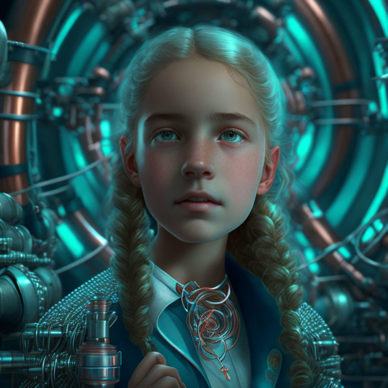 Digital artwork of young girl with braided hair against futuristic backdrop