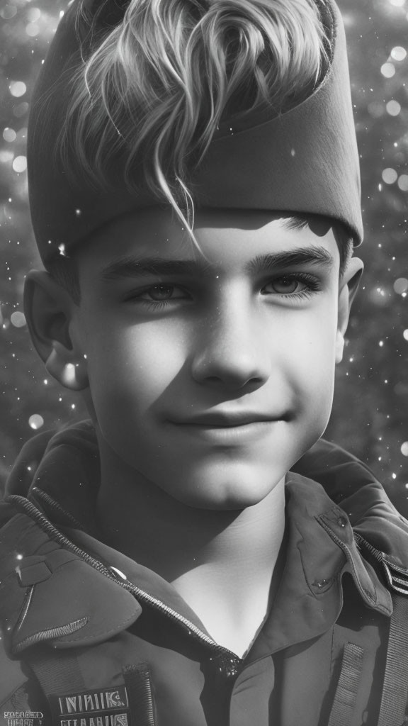 Monochrome image of smiling boy in beanie and jacket with snowflakes