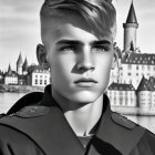 Monochrome photo: Young person in ceremonial uniform with cap, ornate details, castle backdrop