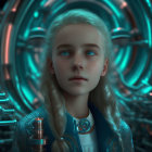 Digital artwork of young girl with braided hair against futuristic backdrop