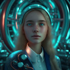 Blonde-haired figure in formal attire in futuristic blue-lit tunnel