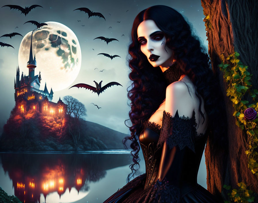 Gothic scene: Pale woman in black dress by lake, moonlit castle, flying bats