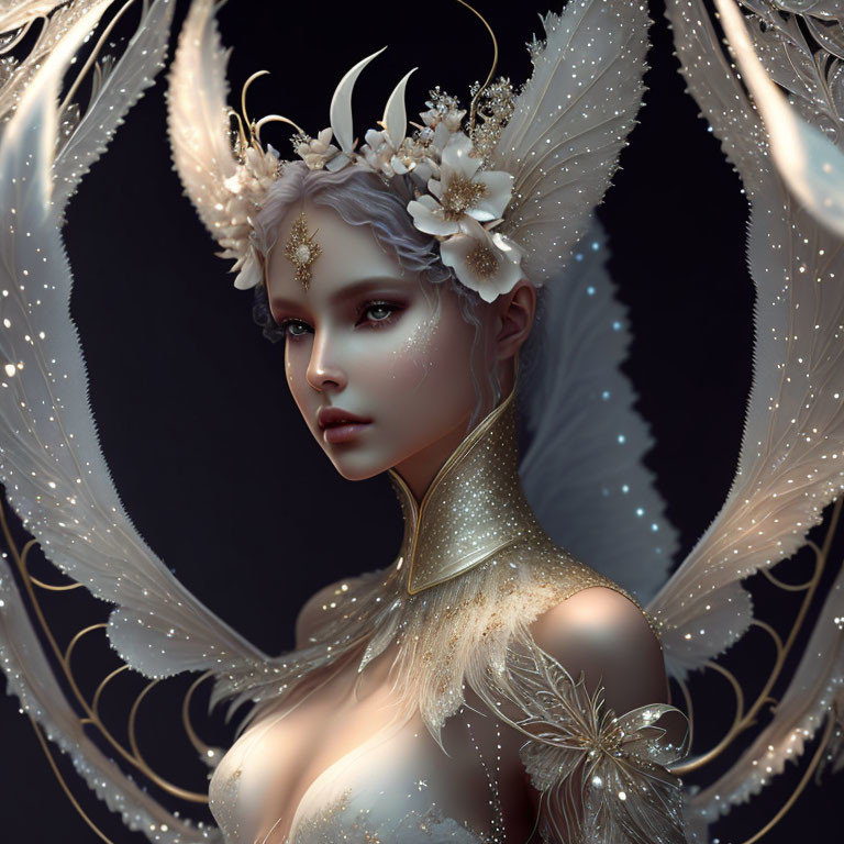 Fantasy portrait of woman with pale skin, white hair, floral headdress, and luminous wings