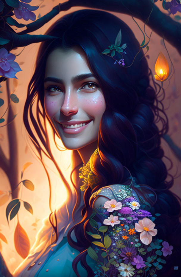 Digital portrait of woman with dark hair, glowing skin, surrounded by blossoms