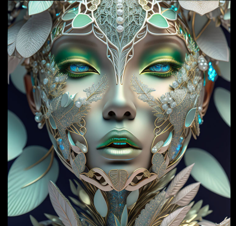 Digital artwork: Woman with leaf headdress, green eyes, metallic designs