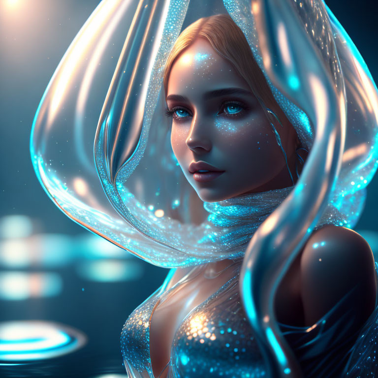 Futuristic digital artwork of woman in glowing blue attire against bokeh backdrop