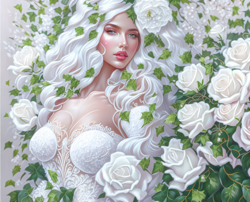 Ethereal illustration of woman with white hair and roses in romantic, fantasy theme