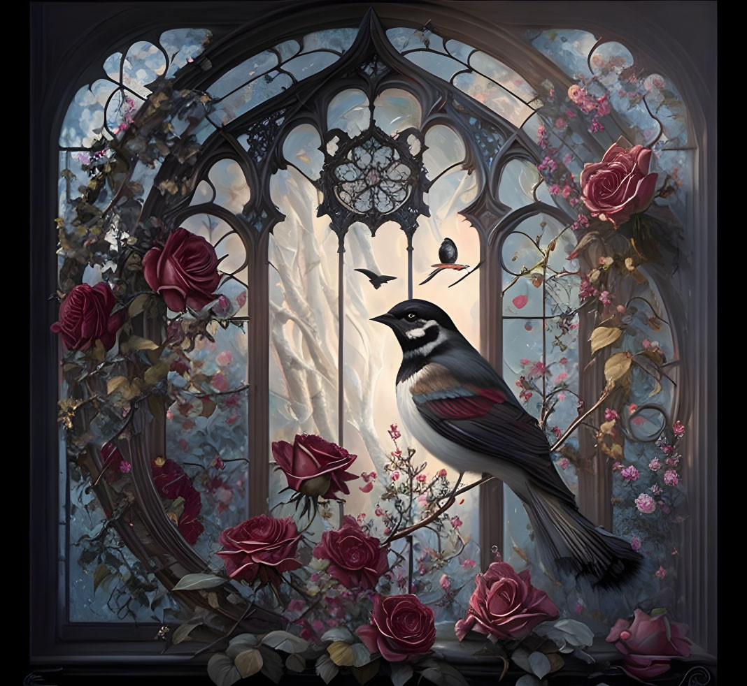 Gothic-style window with roses, bird, curtains, and diffused light
