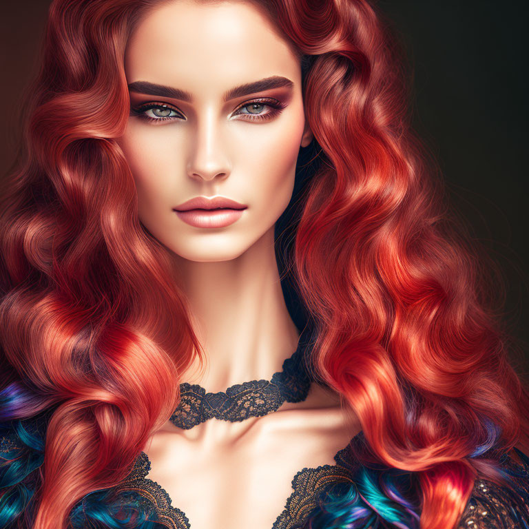 Woman with Long Red Hair and Blue Eyes in Dark Lace Garment