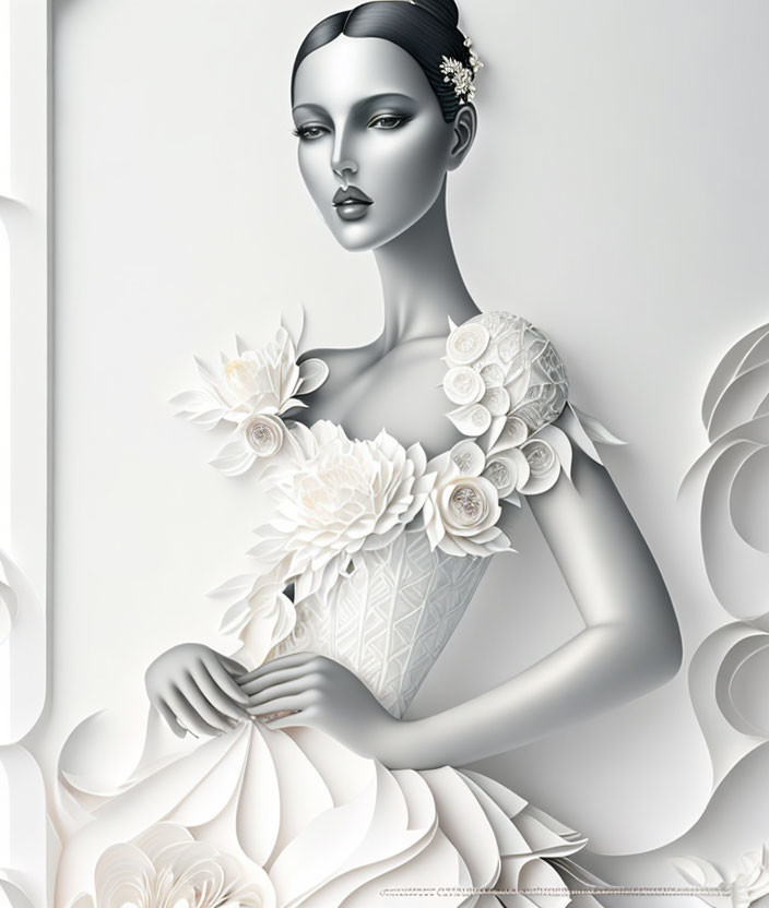 Woman in White Floral Gown: Delicate Paper Art Style