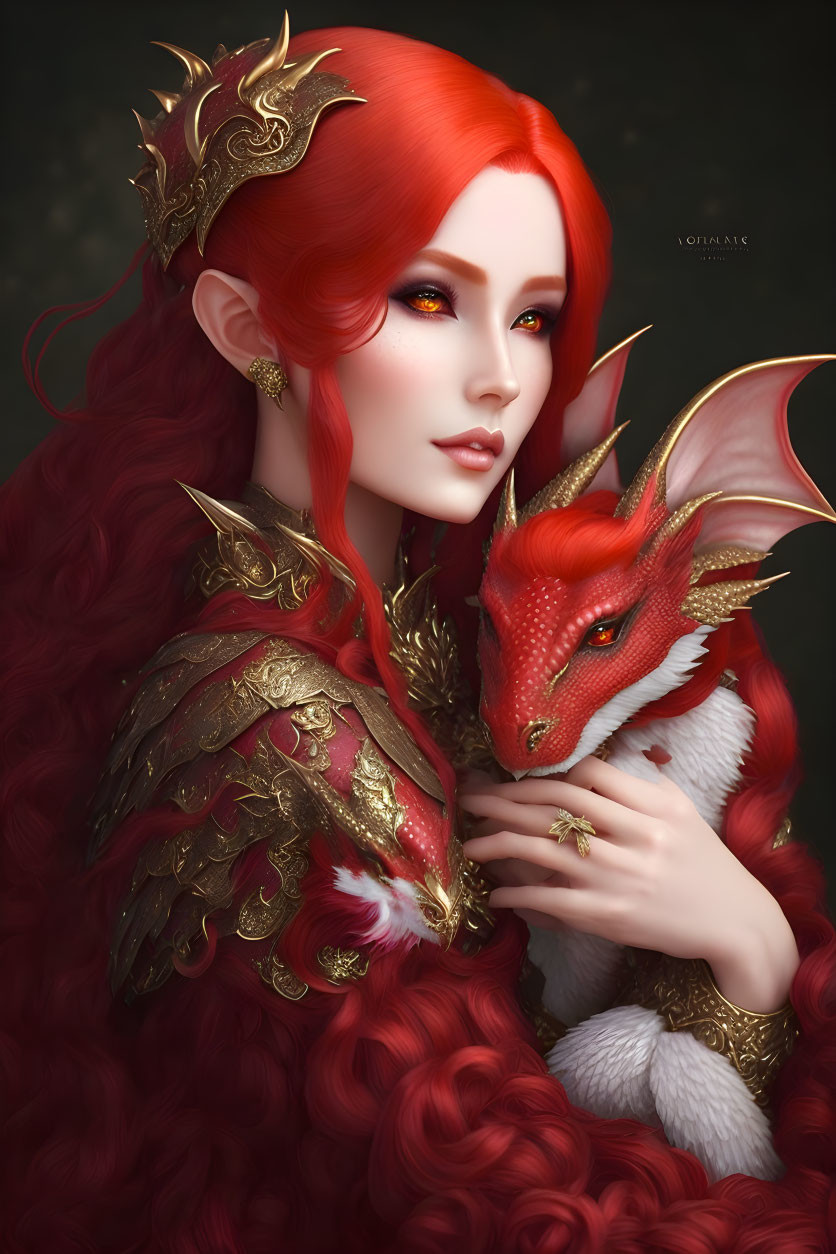 a red-haired elf with a small red dragon