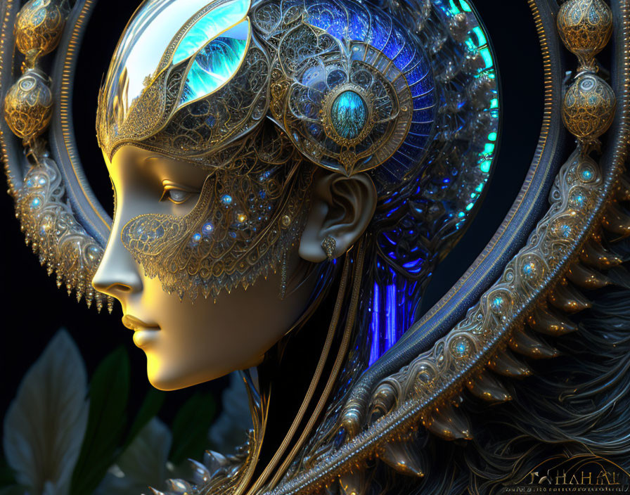 Detailed digital artwork: Female figure with ornate gold and blue headdress and jewel-like eye