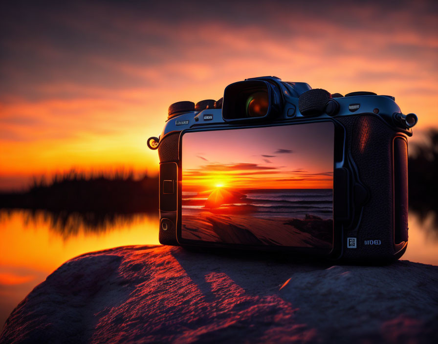 Camera capturing vibrant sunset over serene water