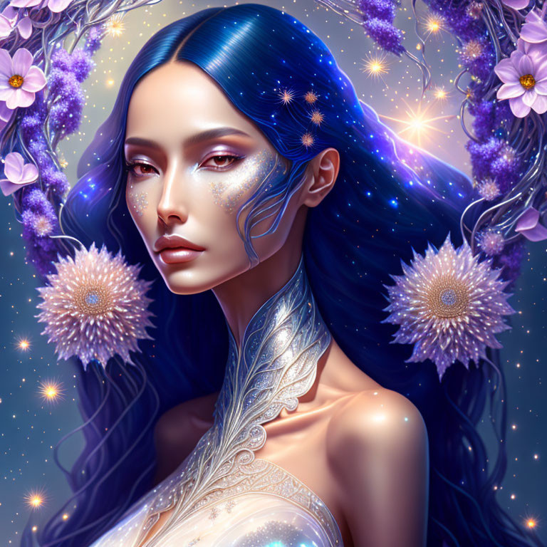 Fantasy digital artwork: Blue-haired woman with intricate skin patterns, surrounded by glowing flowers and stars