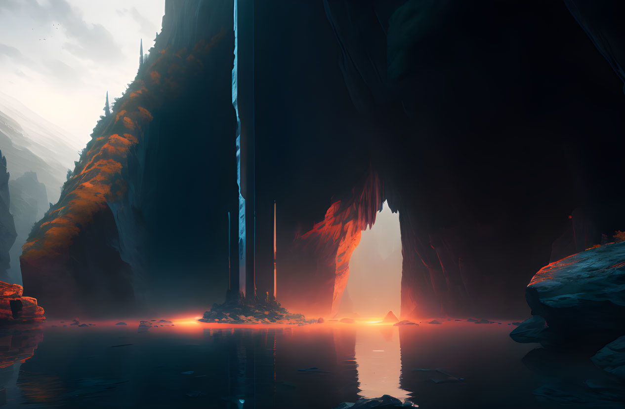 Majestic cavern with lava river, towering walls, and ethereal light shafts