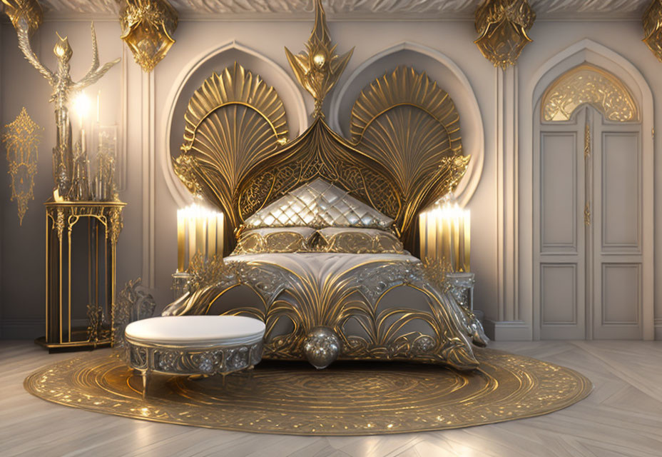 Opulent Bedroom with Golden Bed, Intricate Designs, Soft Lighting, and Sofa