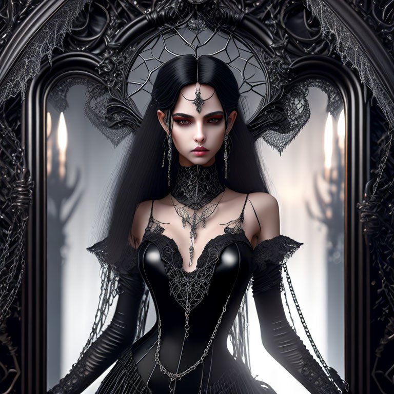 Illustration of gothic woman in black corset with dark hair and red lips reflected in ornate