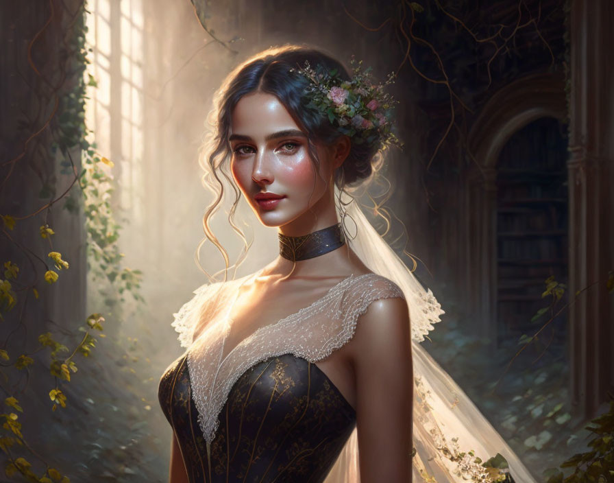 Bridal gown woman with flower crown in sunlit room