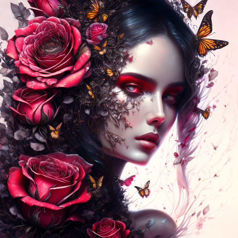Fantasy portrait of woman with floral elements and butterflies in vibrant red hues