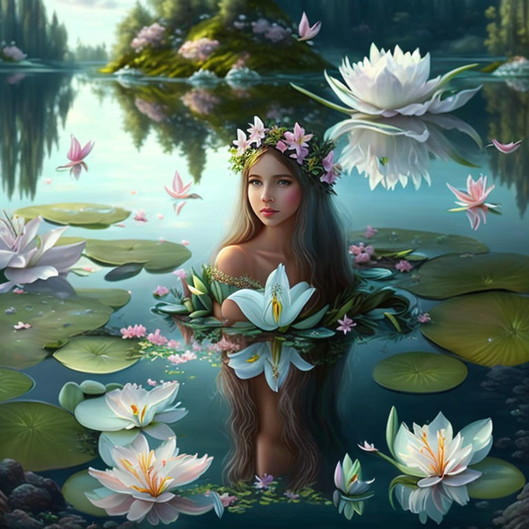 Woman with floral crown in peaceful lake surrounded by blooming water lilies