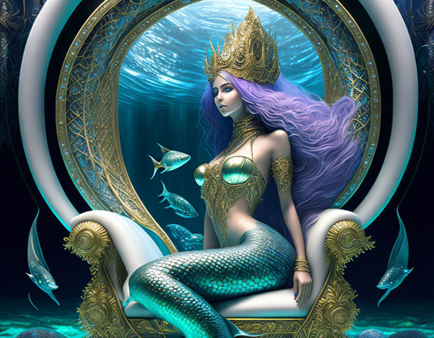 Violet-haired mermaid queen on golden throne with fish in underwater realm
