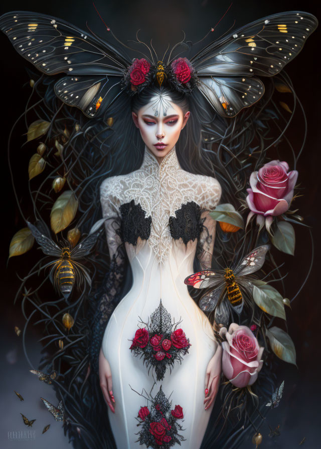Ethereal being with butterfly wings, crown of roses, glowing lights, and bees on dark background