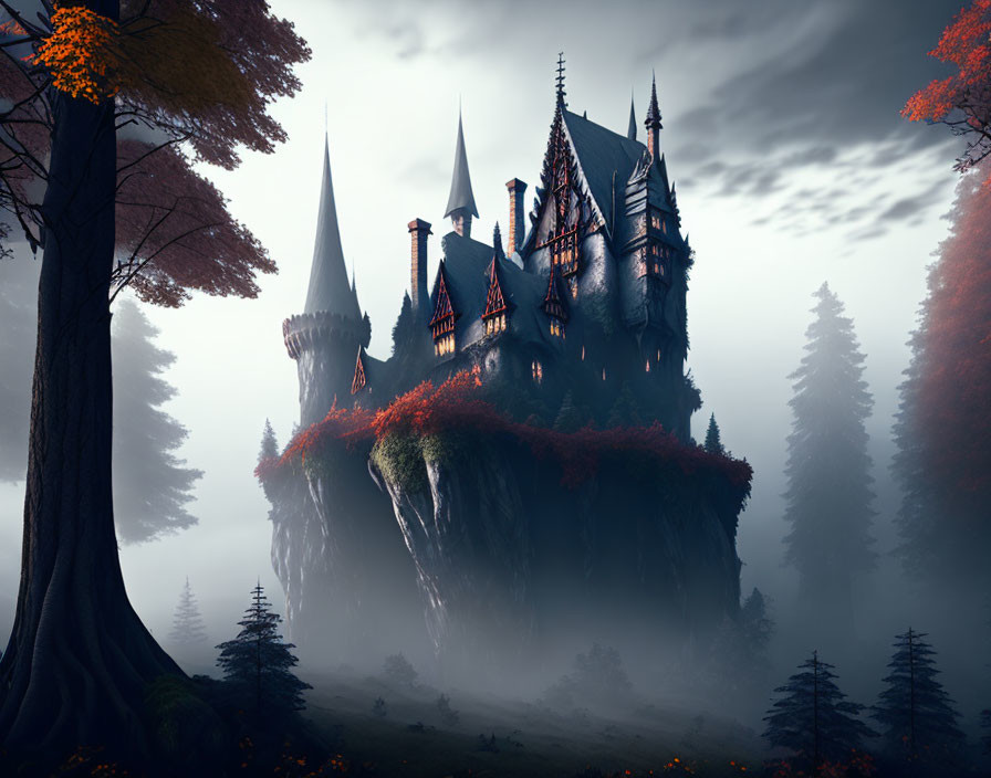 Gothic castle on craggy cliff in misty autumn scene