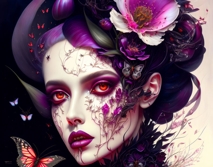 Fantastical portrait of woman with violet hair, adorned with flowers, branches, and butterflies