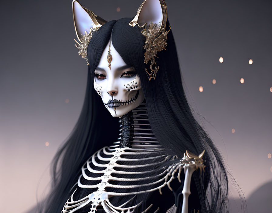 Figure with Skull Makeup and Cat Ears in Ornate Attire on Glowing Background