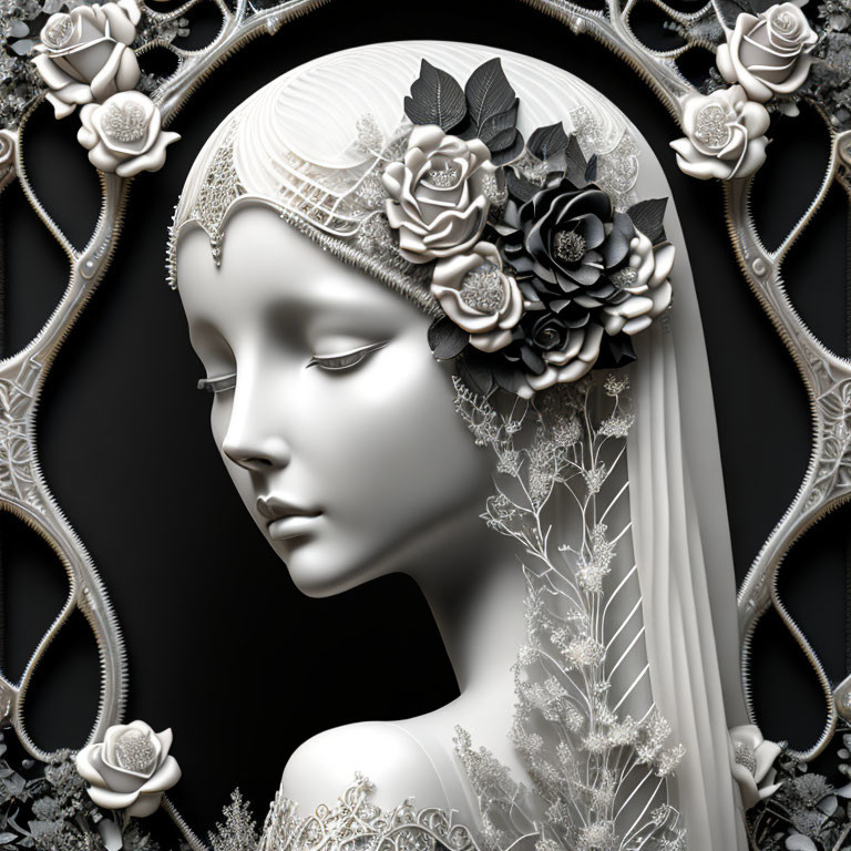 Monochromatic 3D illustration of woman with elaborate headdress and lace details