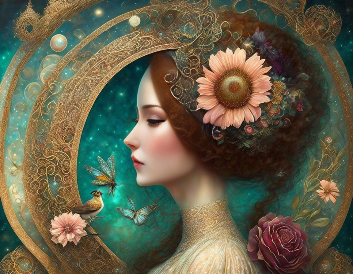 Digital artwork featuring woman with floral hair, celestial elements, bird, butterflies, and ornate golden patterns