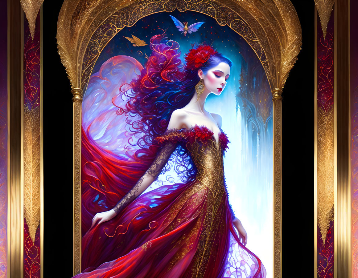 Illustrated woman in red dress under golden archway with butterflies in magical setting