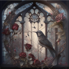 Gothic-style window with roses, bird, curtains, and diffused light