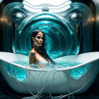 Futuristic woman in metallic bathtub with glowing blue lights