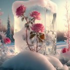 Surreal pink roses in icy structure on snowy landscape