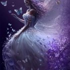Winged woman in lilac gown with butterflies on twilight backdrop