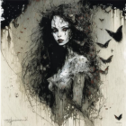 Pale woman with black hair, roses, bats - gothic fantasy illustration
