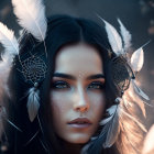 Woman with Striking Makeup and Dreamcatcher Adornments on Softly Blurred Background