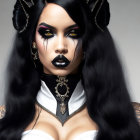 Dark Gothic Woman with Ram Horns, Choker, and Tattoos