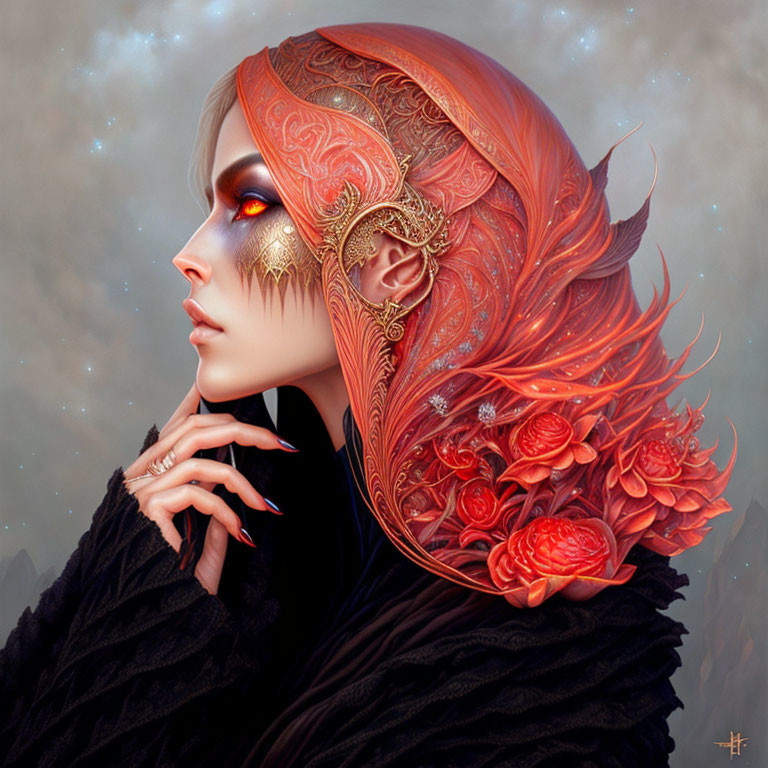 Stylized digital artwork of woman with ornate orange headpiece and glowing red eyes