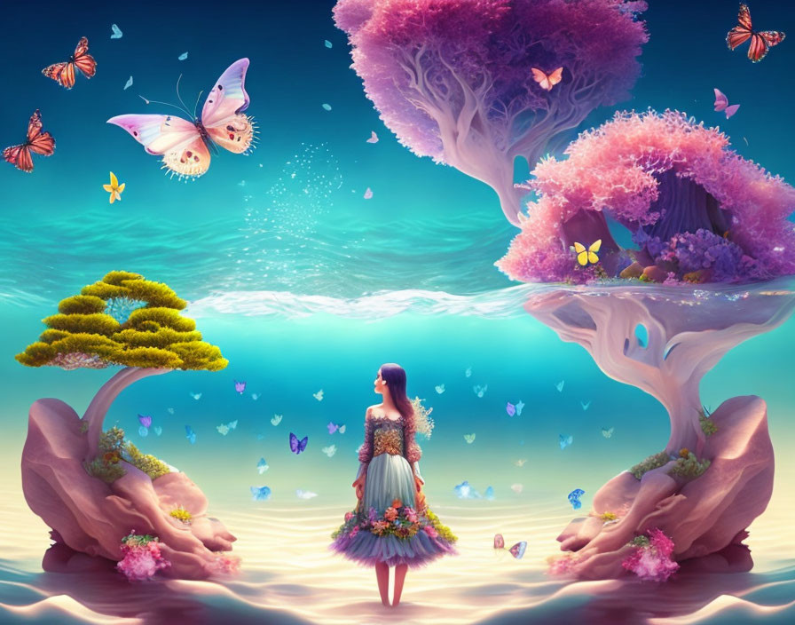 Surreal landscape with woman in flower dress and vibrant trees on floating islands