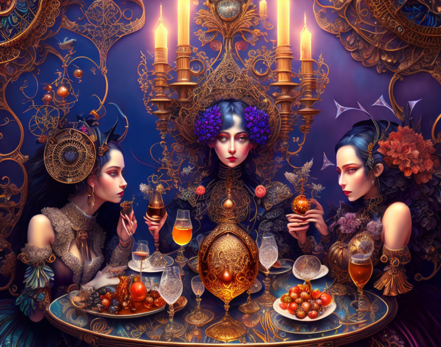 Three Women in Fantastical Setting with Golden Decorations and Exotic Fruits
