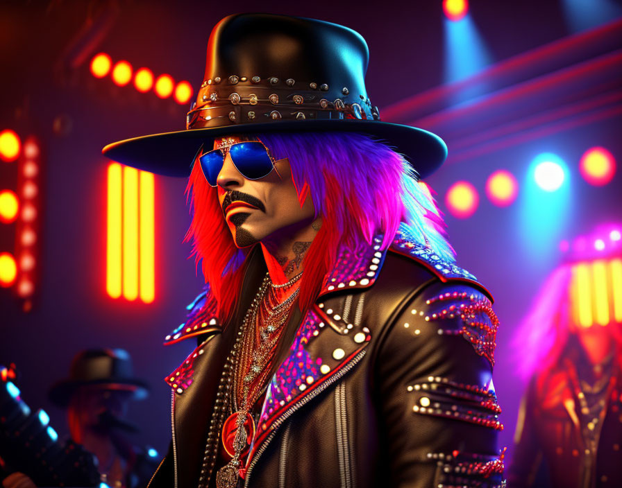 Stylized 3D rock star character with pink hair and leather jacket