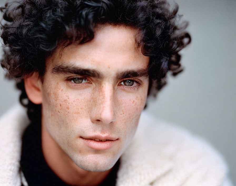 Portrait of young man with curly hair, freckles, intense eyes, and shearling collar jacket