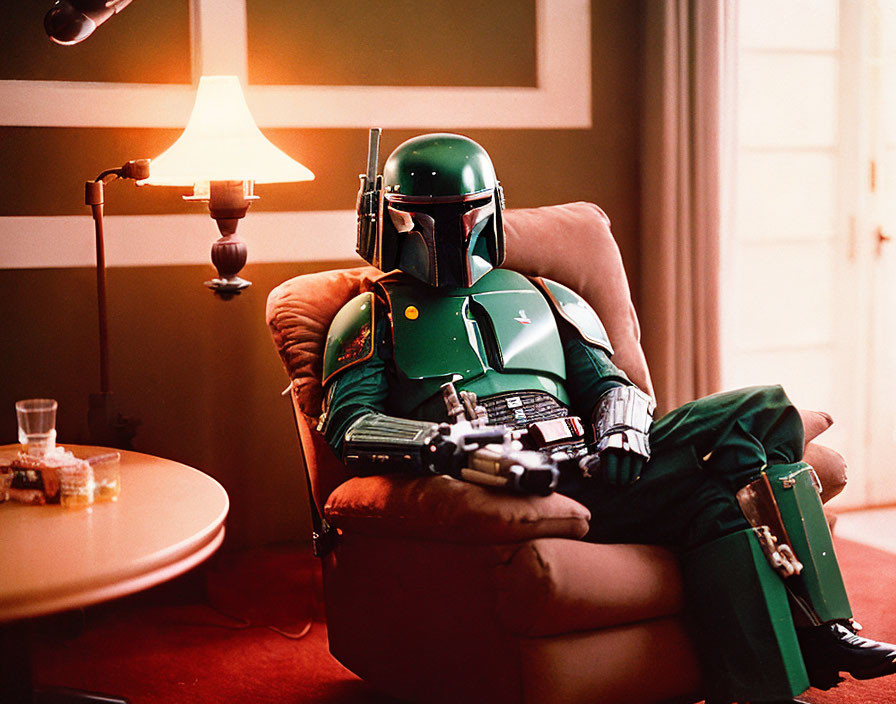 Boba Fett costume indoors with drink on side table