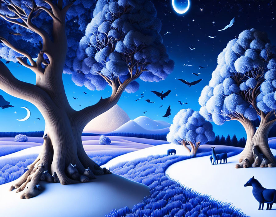 Vibrant blue night landscape with whimsical trees, deer, and starry sky