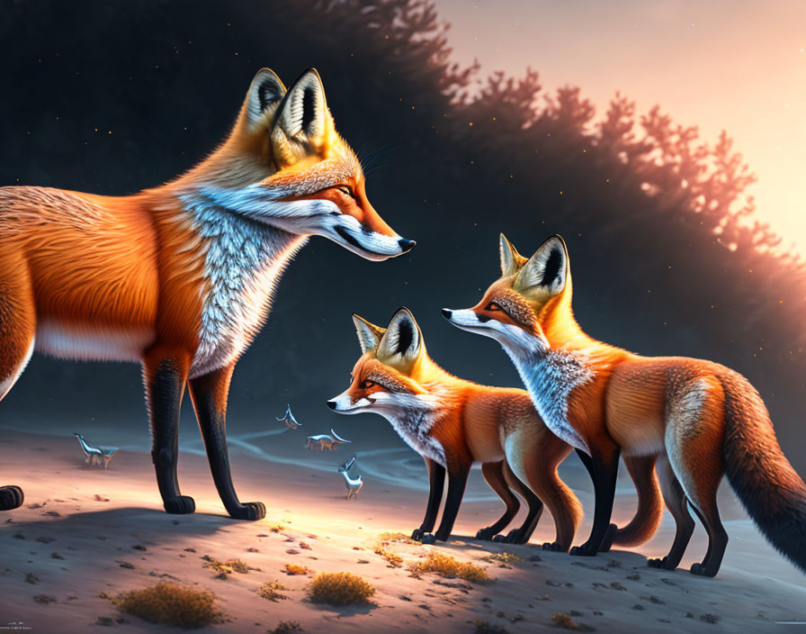 Realistic fox illustrations in varied sizes on twilight background