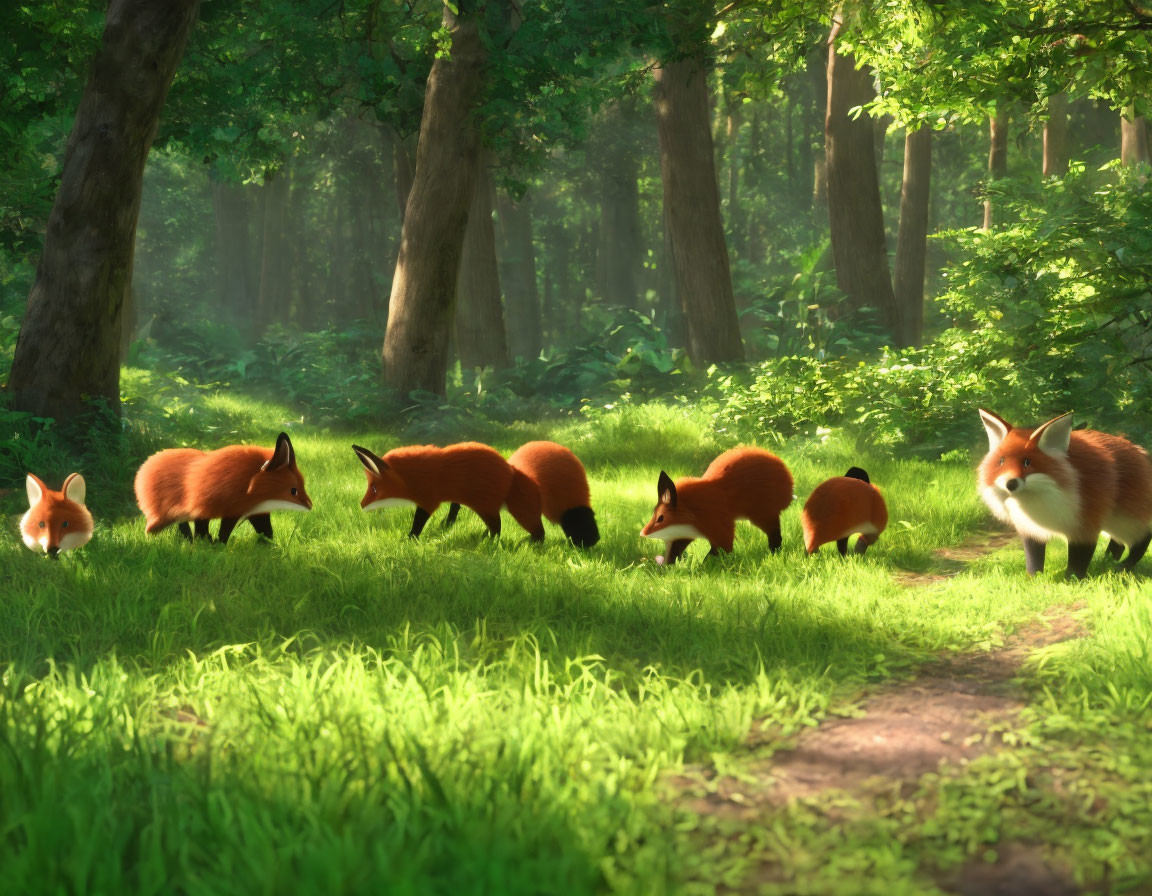 Stylized cartoon foxes in forest clearing with lush greenery